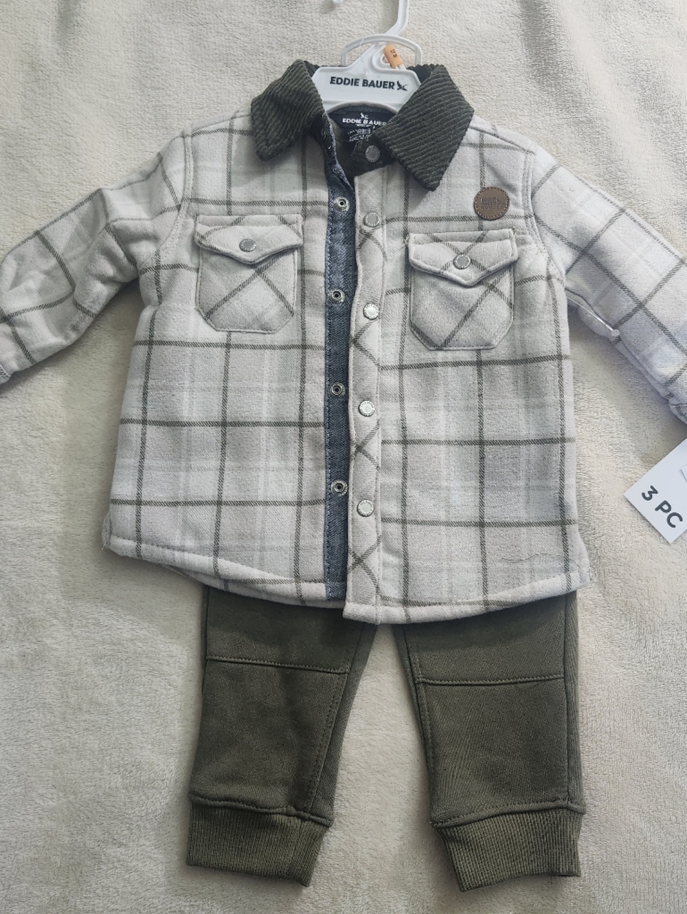 Eddie Bauer Cream Plaid Shirt Jacket with Olive Pants And Tee Kids Matching Set